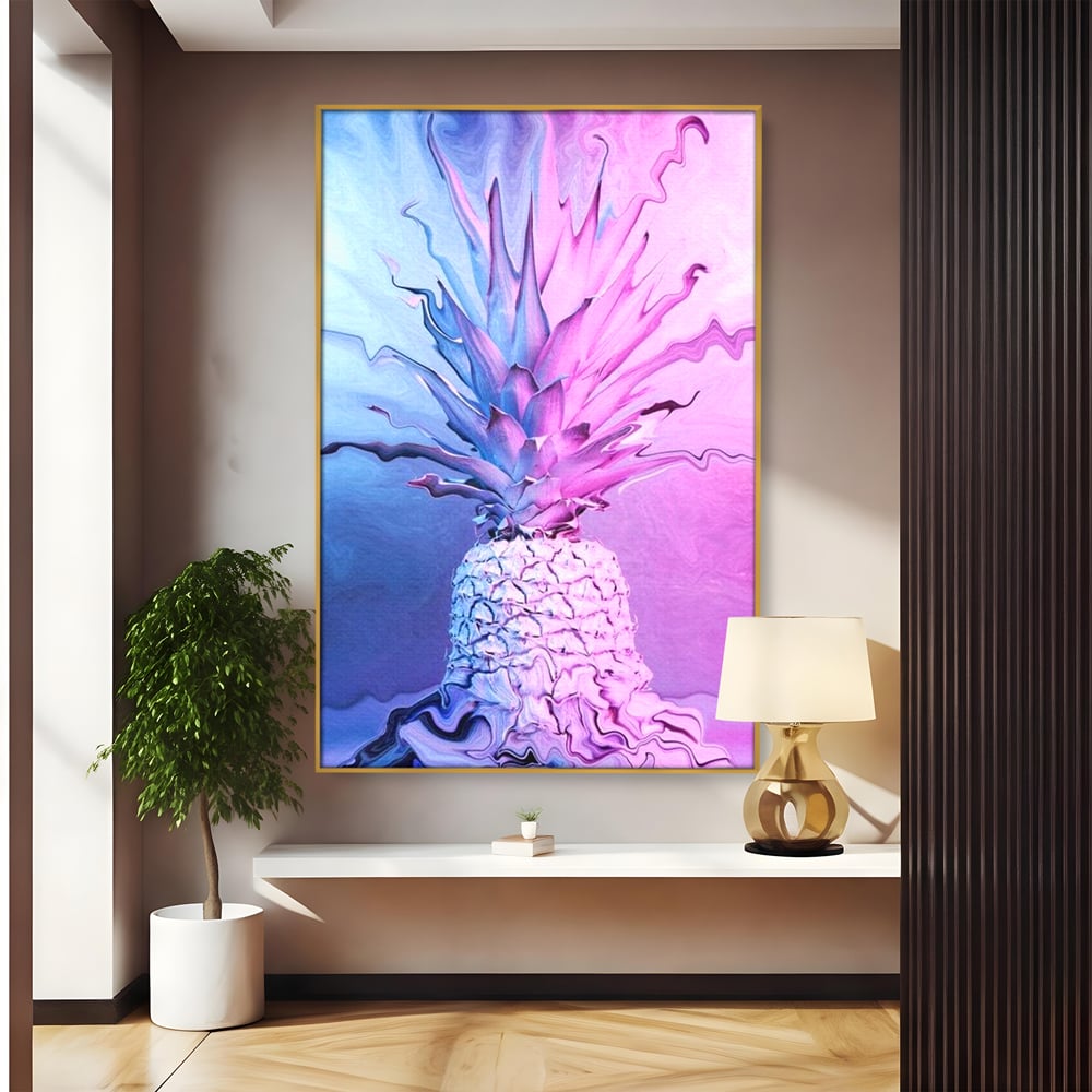 Tablou canvas cu tablou canvas cu ananas neon, in rama de aluminiu auriu